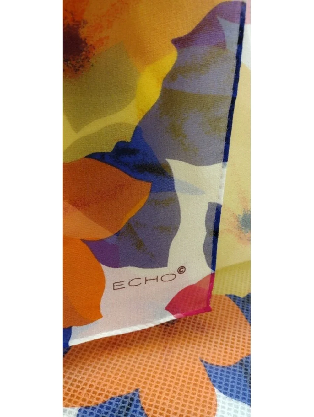 Vintage Echo Chiffon Silk Long Scarf Orange Hawaiian Flowers Tropical Multicolor